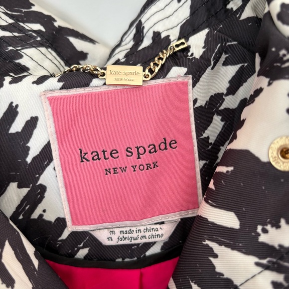 Kate Spade Houndstooth Raincoat Pink Lining Black White Trench Jacket Size Med - Picture 6 of 16